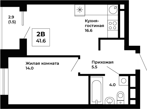 Планировка 1-к.кв, 41,6 м² в ЖК Космос